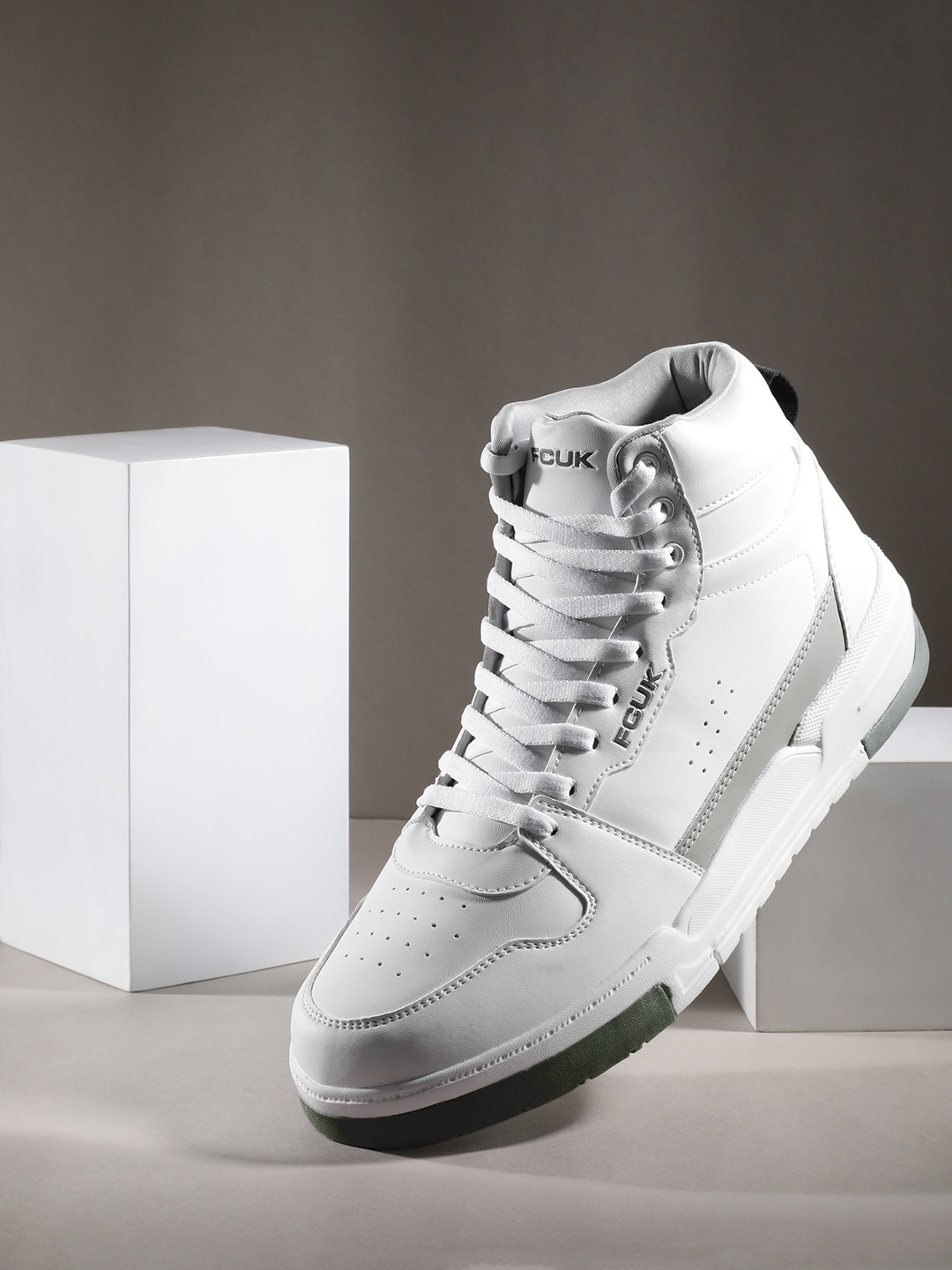

FCUK Men Mid Top Sneakers With Perforated Detail, White