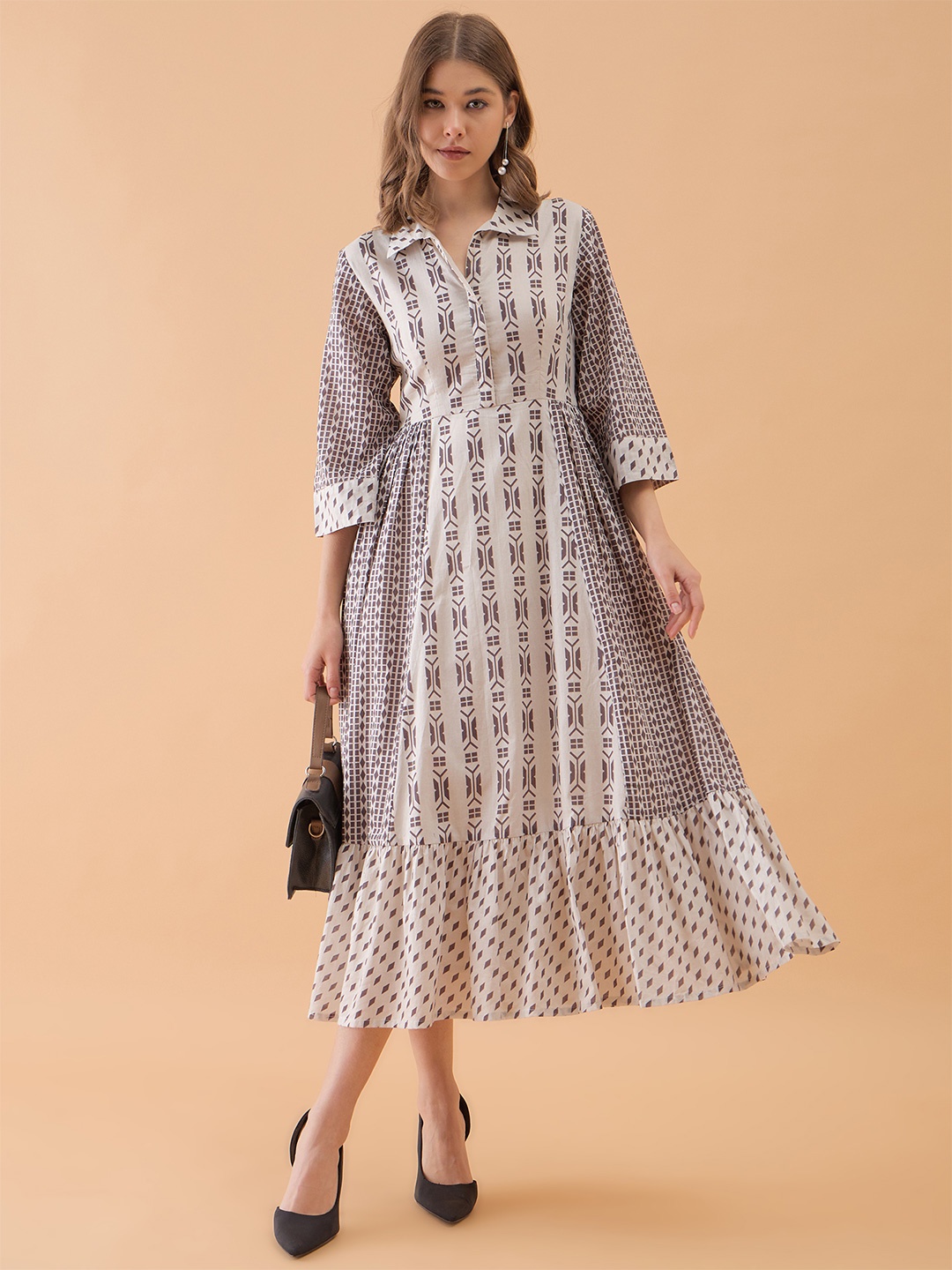 

OCTICS Printed A-Line Maxi Cotton Dress, Beige