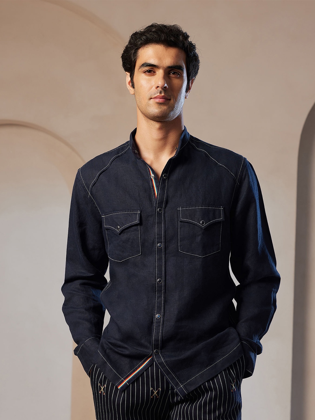 

U.S. Polo Assn. Men Premium Spread Collar Solid Tailored Fit Casual Shirt, Blue