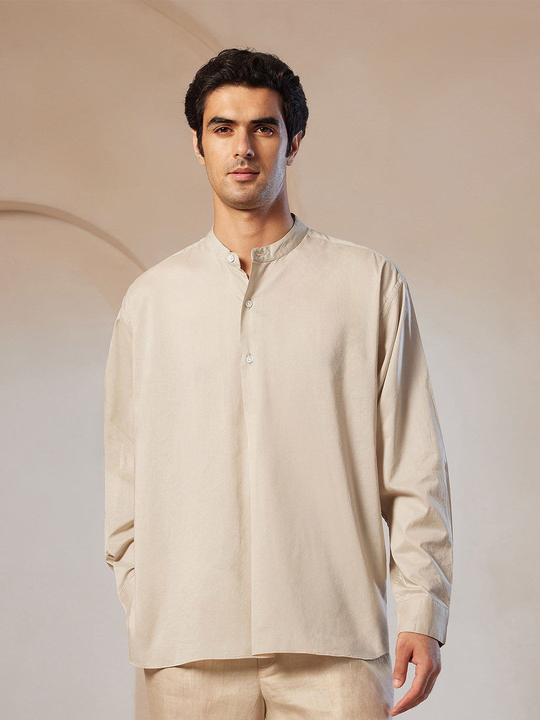

U.S. Polo Assn. Men Premium Band Collar Solid Cotton Oversized Casual Shirt, Beige