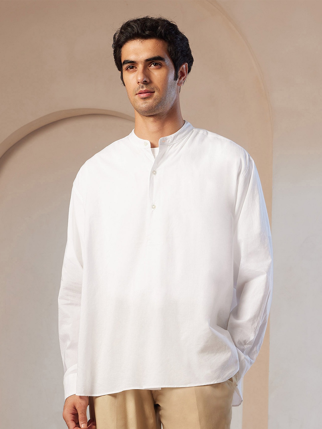

U.S. Polo Assn. Men Premium Band Collar Solid Cotton Oversized Casual Shirt, White