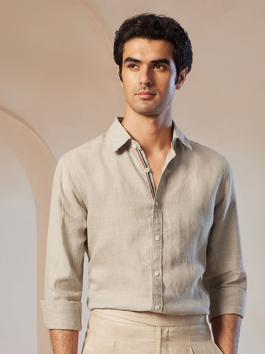 

U.S. Polo Assn. Men Premium Spread Collar Solid Tailored Fit Casual Shirt, Beige