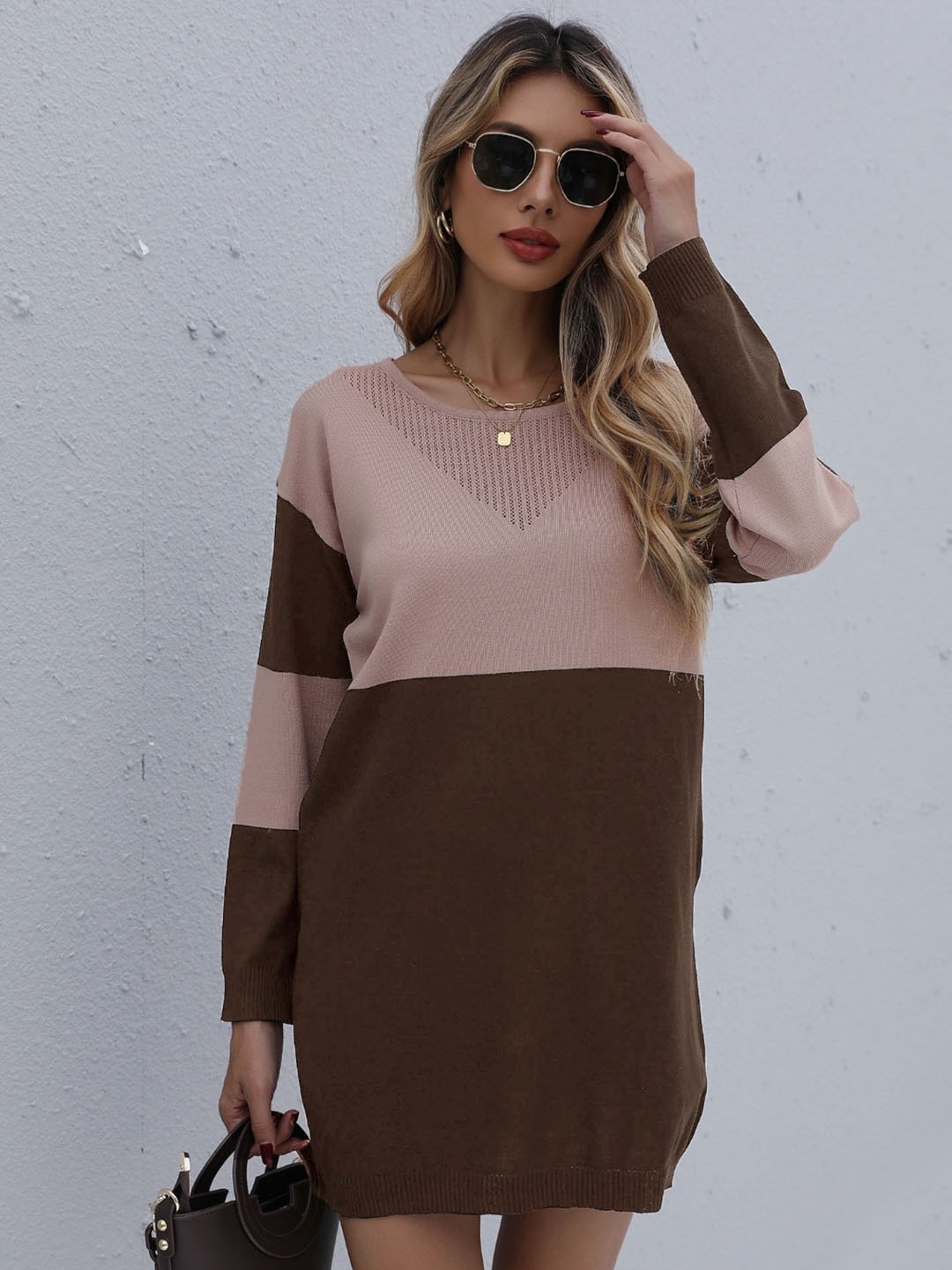 

KPOP Women Colourblocked Mini Jumper Dress, Brown