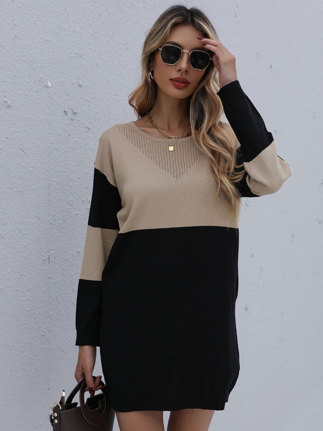 

KPOP Women Colourblocked Mini Jumper Dress, Beige