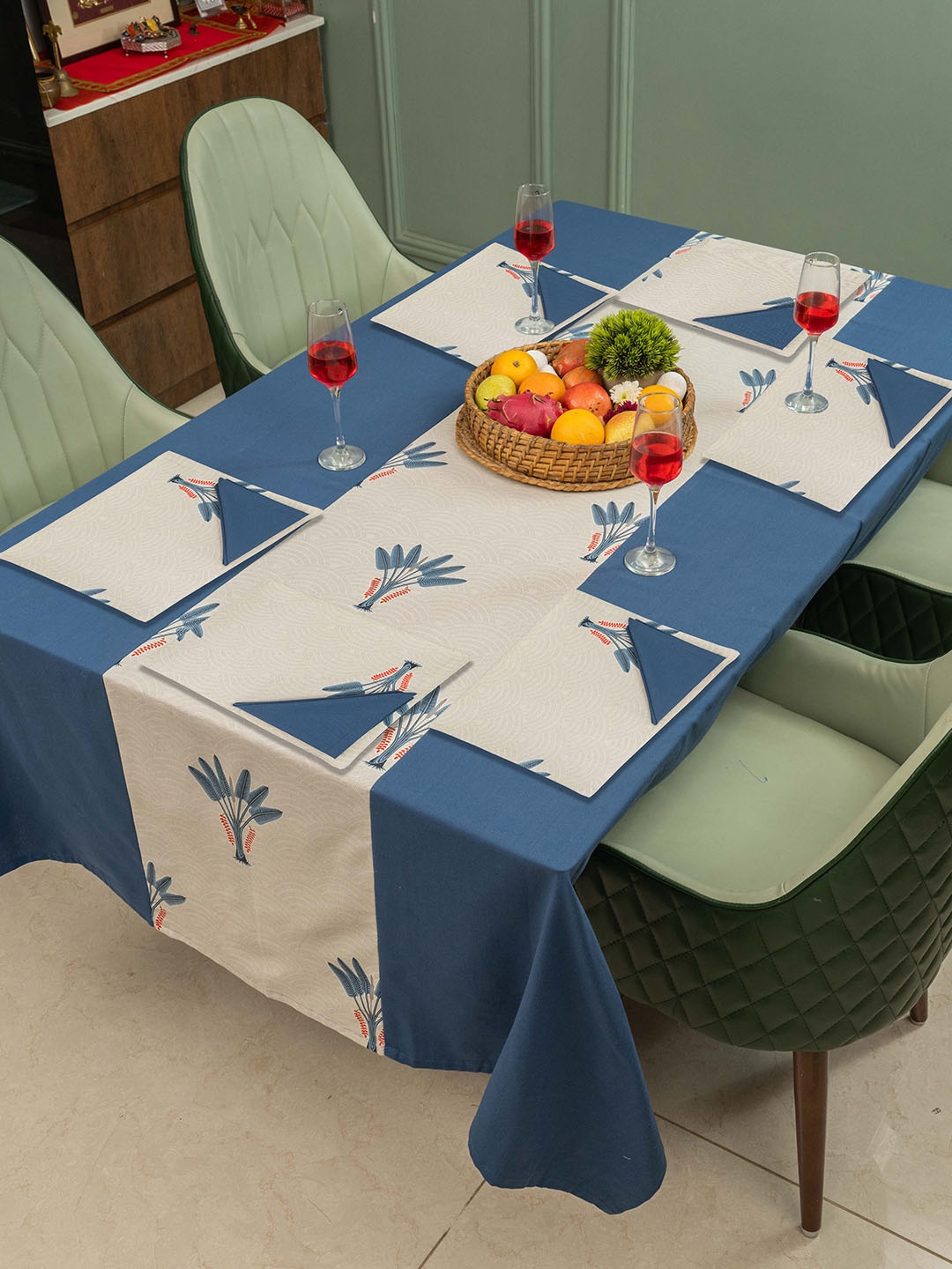 

URBAN SPACE Blue & White 13 Pieces Floral Printed Cotton Table Linen Sets