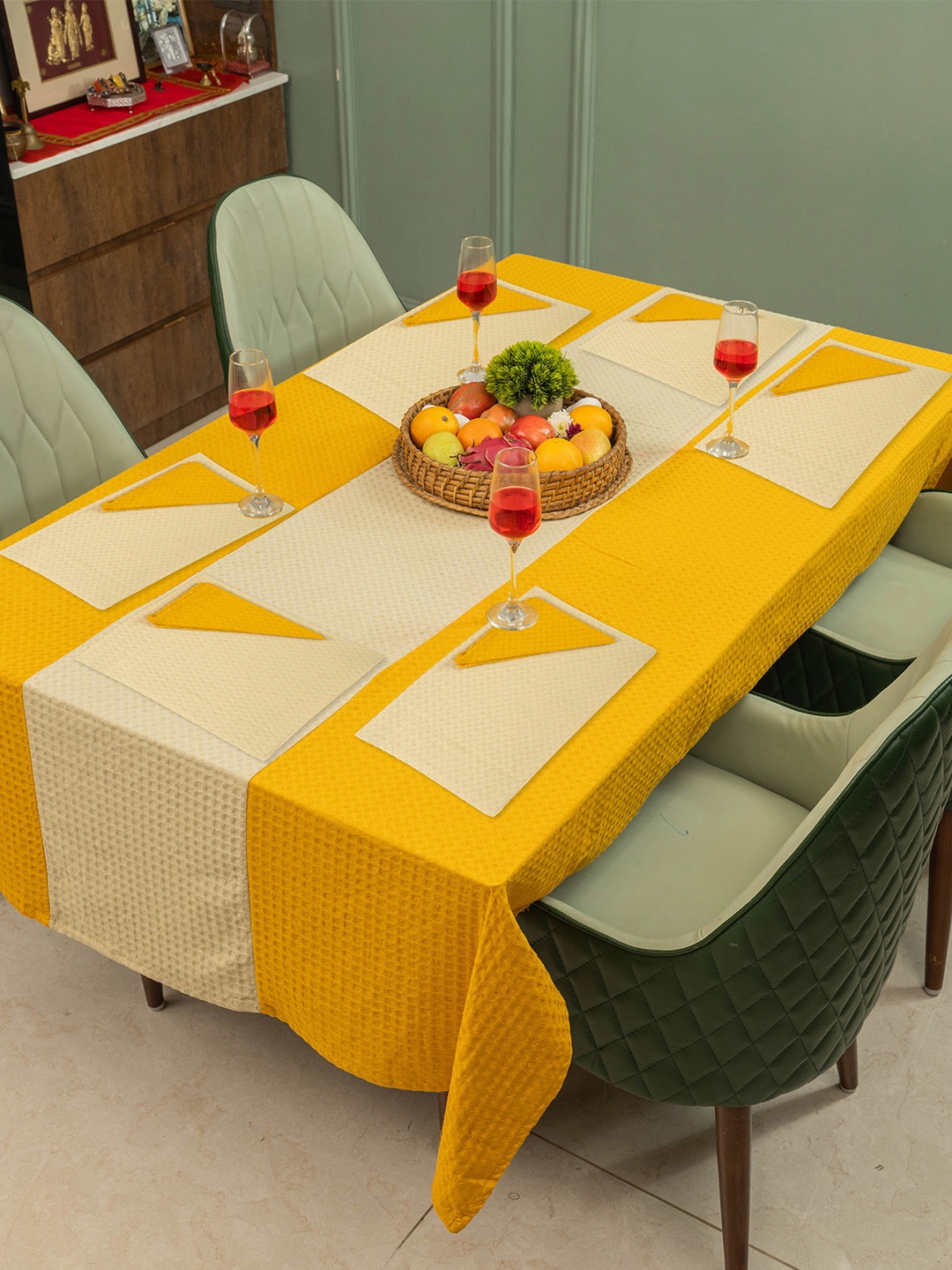 

URBAN SPACE 13-Pcs Yellow & Beige Textured Cotton Table Linen Sets, Mustard
