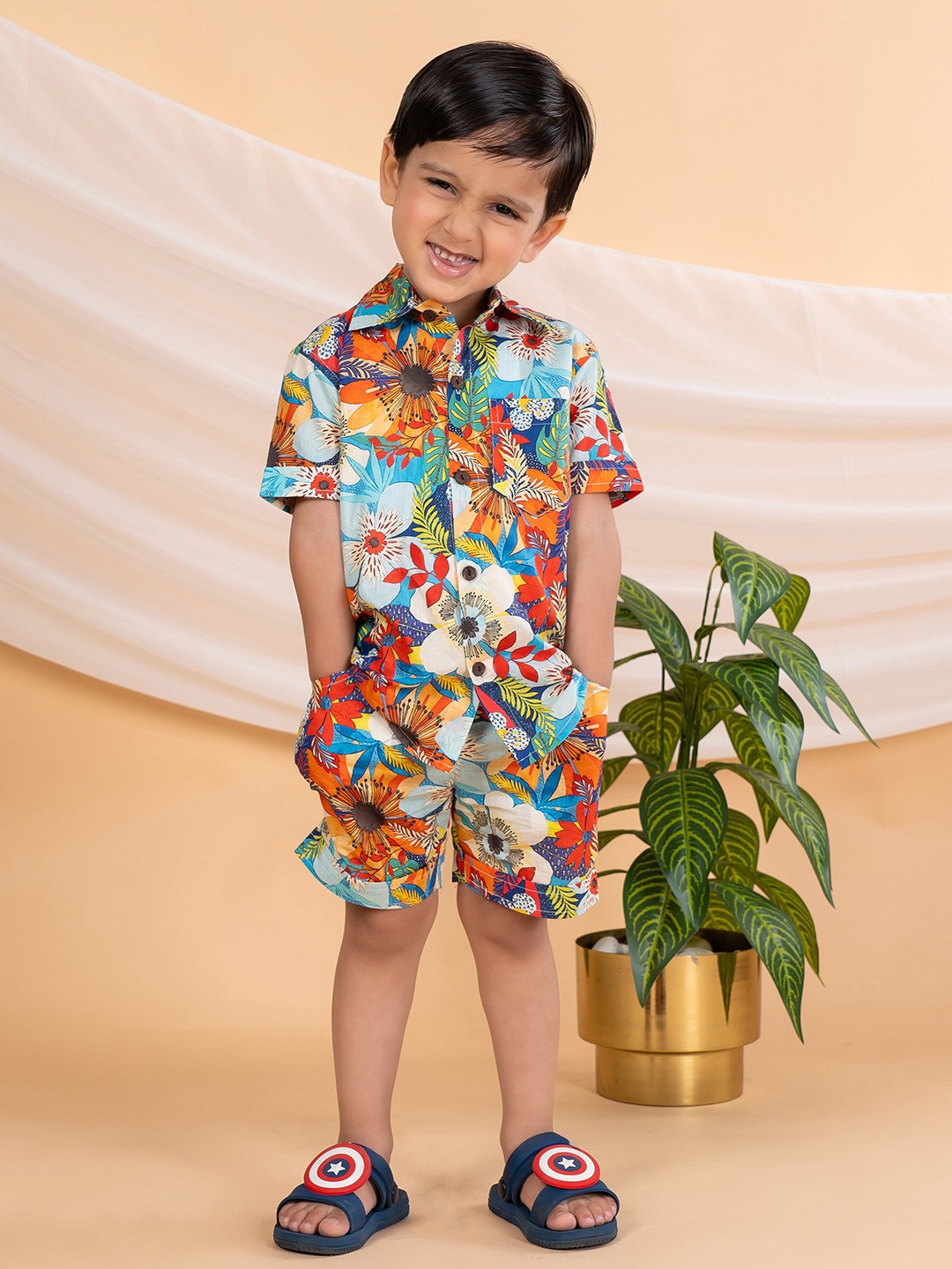 

BEBE UNICORN Boys Floral Printed Short Sleeves Pure Cotton Shirt With Shorts, Blue