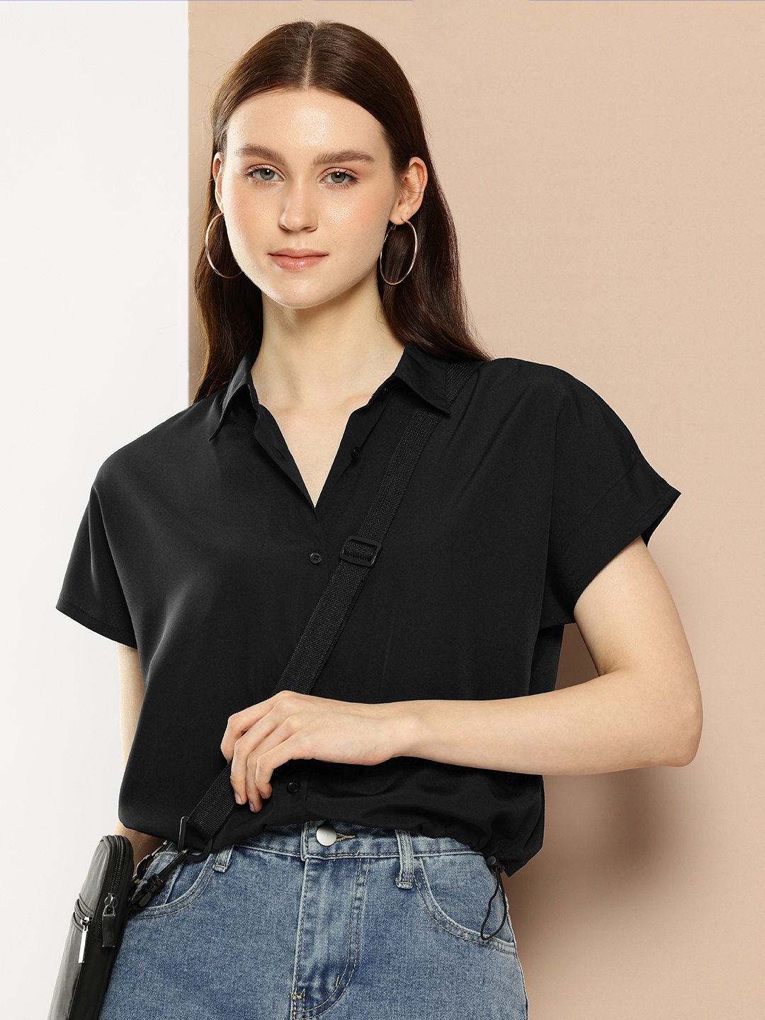 

encore by INVICTUS Solid Extended Sleeves Shirt Style Top, Black