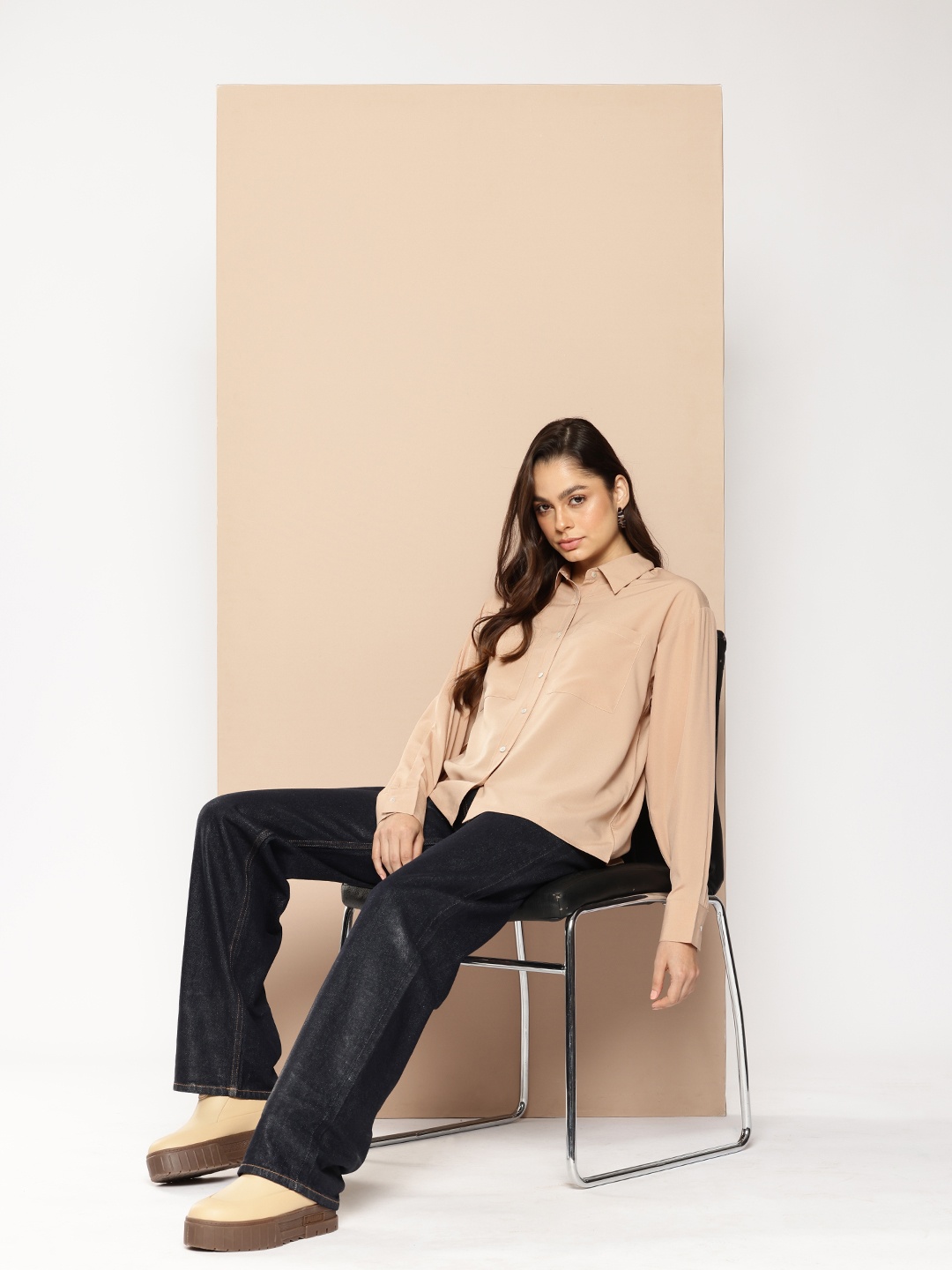 encore by INVICTUS Drop-Shoulder Sleeves Relaxed Fit Casual Shirt, Beige