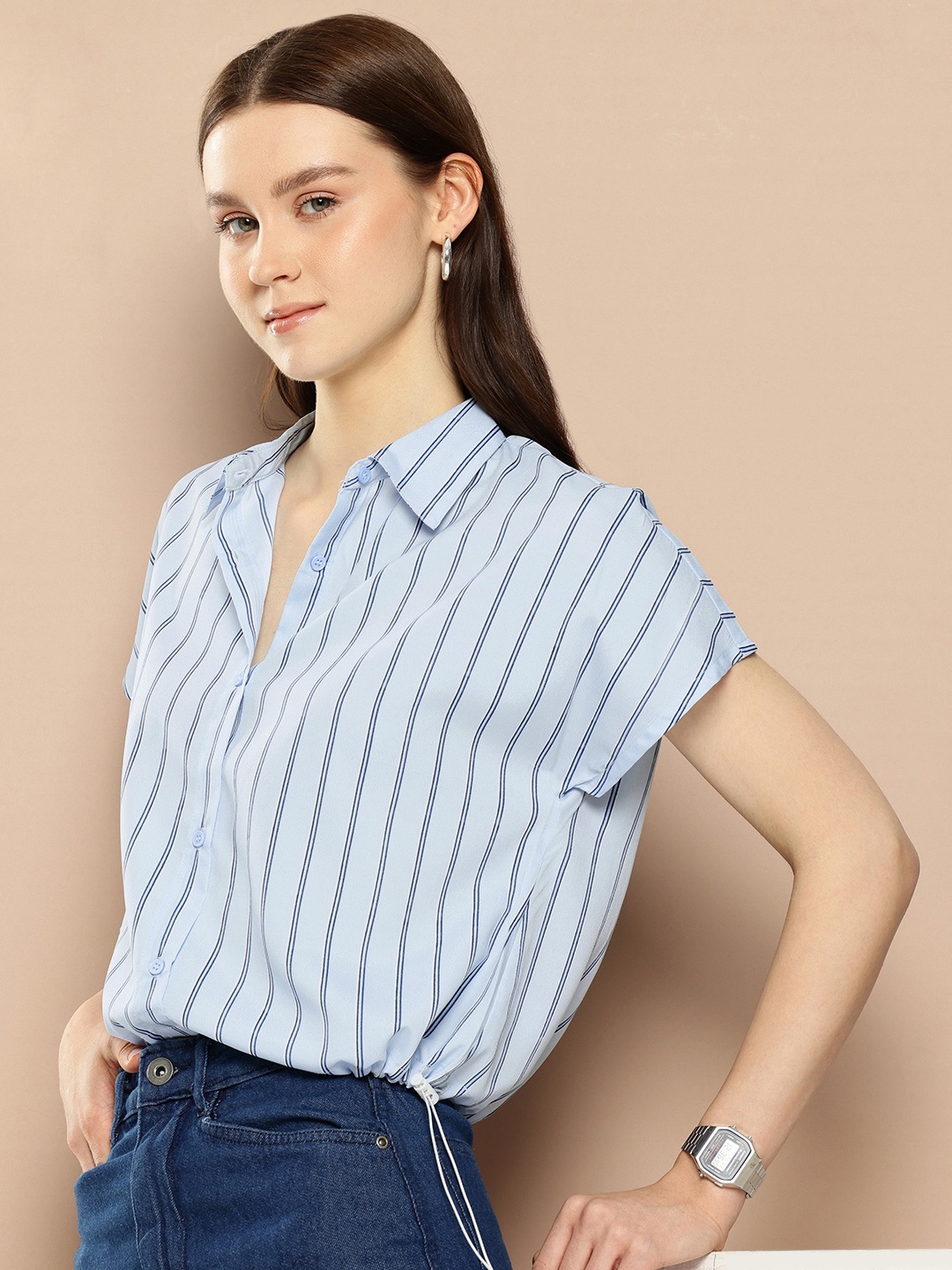 

encore by INVICTUS Striped Extended Sleeves Shirt Style Top, Blue