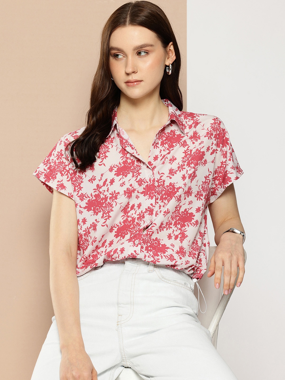 

encore by INVICTUS Floral Printed Extended Sleeves Shirt Style Top, Beige