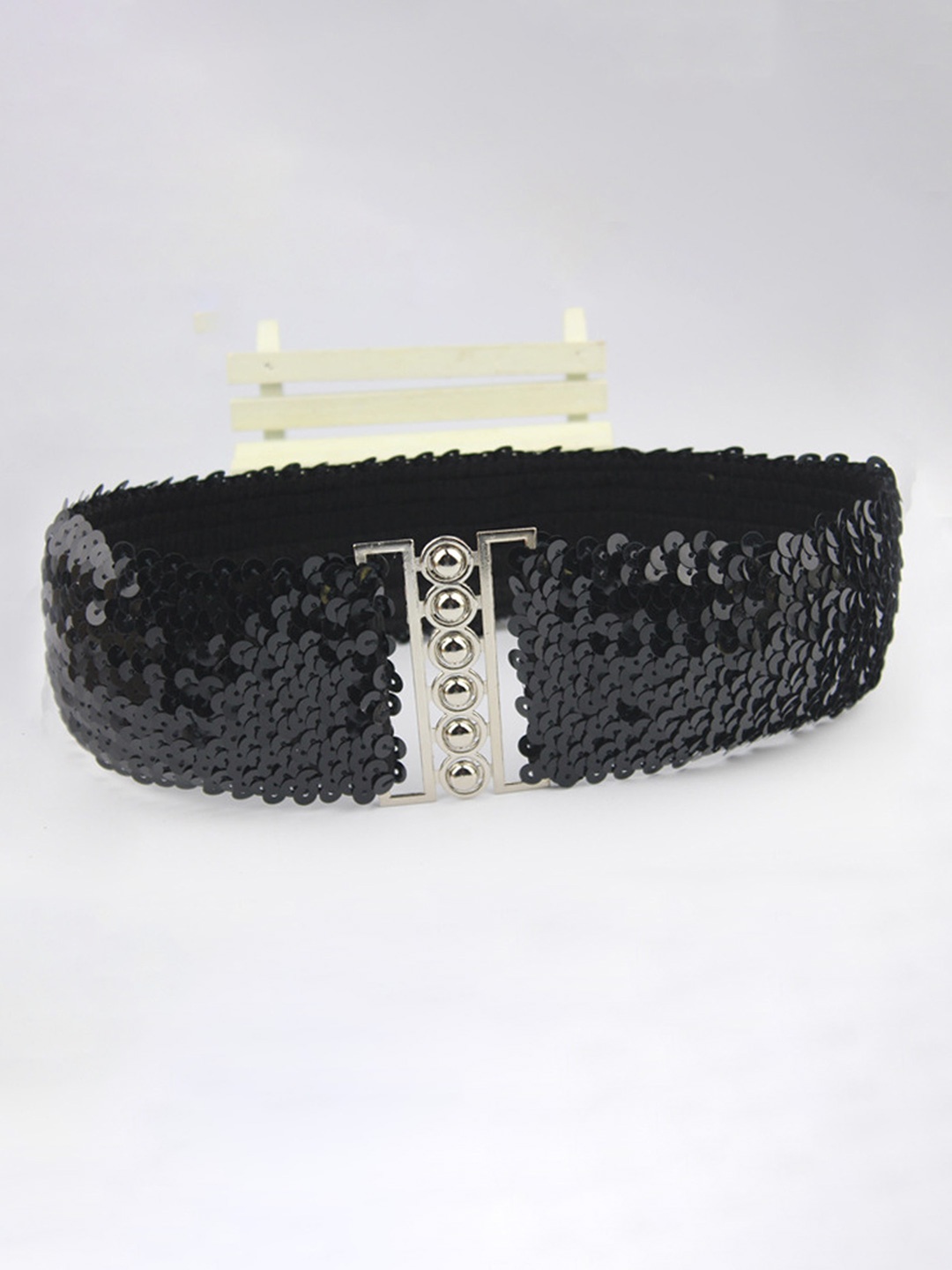 

Fabme Women Embellished Interlock Shimmer Belt, Black