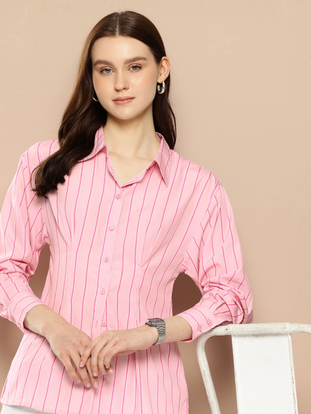 

encore by INVICTUS Relaxed Fit Striped Drop-Shoulder Sleeves Casual Shirt, Pink