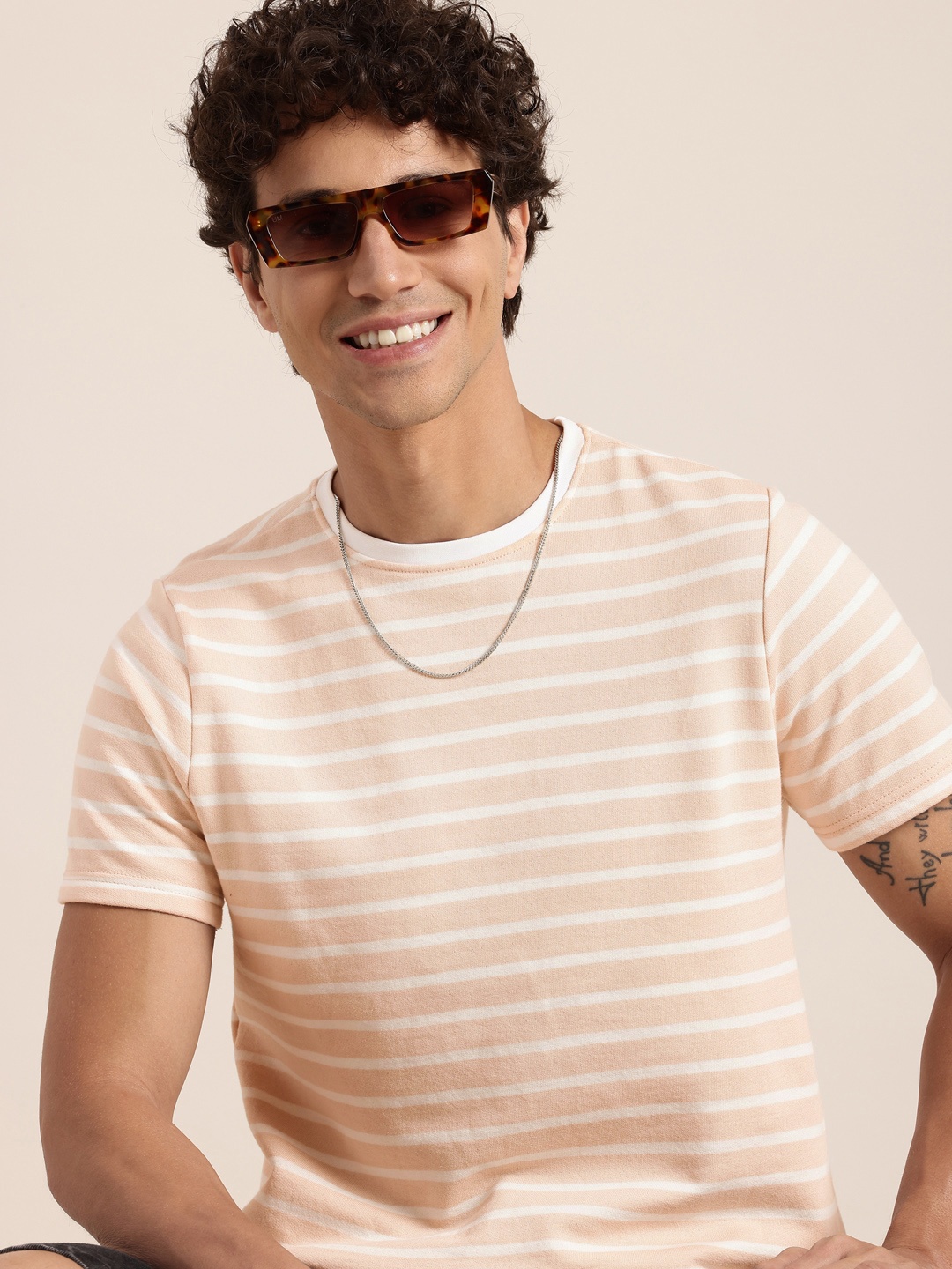 

HERE&NOW Striped Pure Cotton T-shirt, Beige