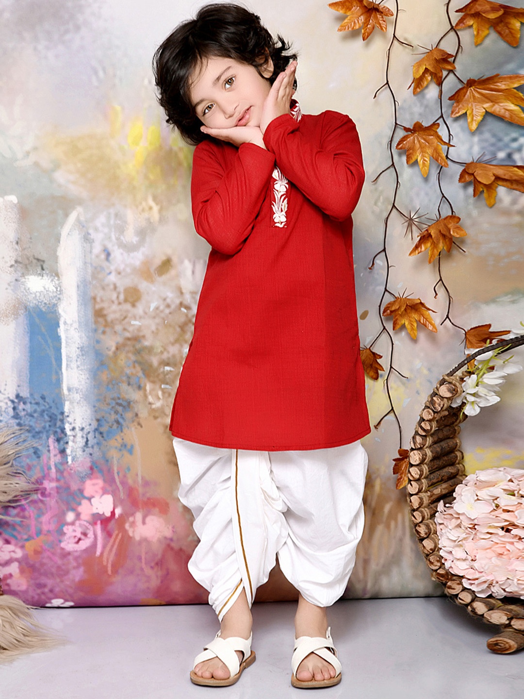 

MUDKID Boys Embroidered Mandarin Collar Thread Work Pure Cotton Kurta with Dhoti Pant, Red