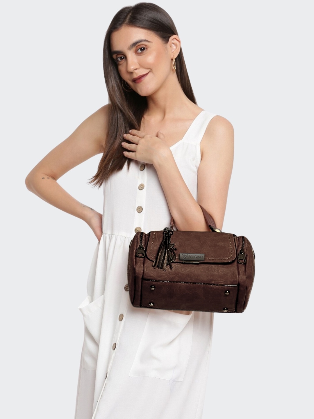 

VISMIINTREND Women Textured PU Handheld Bowling Satchel Bag with Tassel, Brown