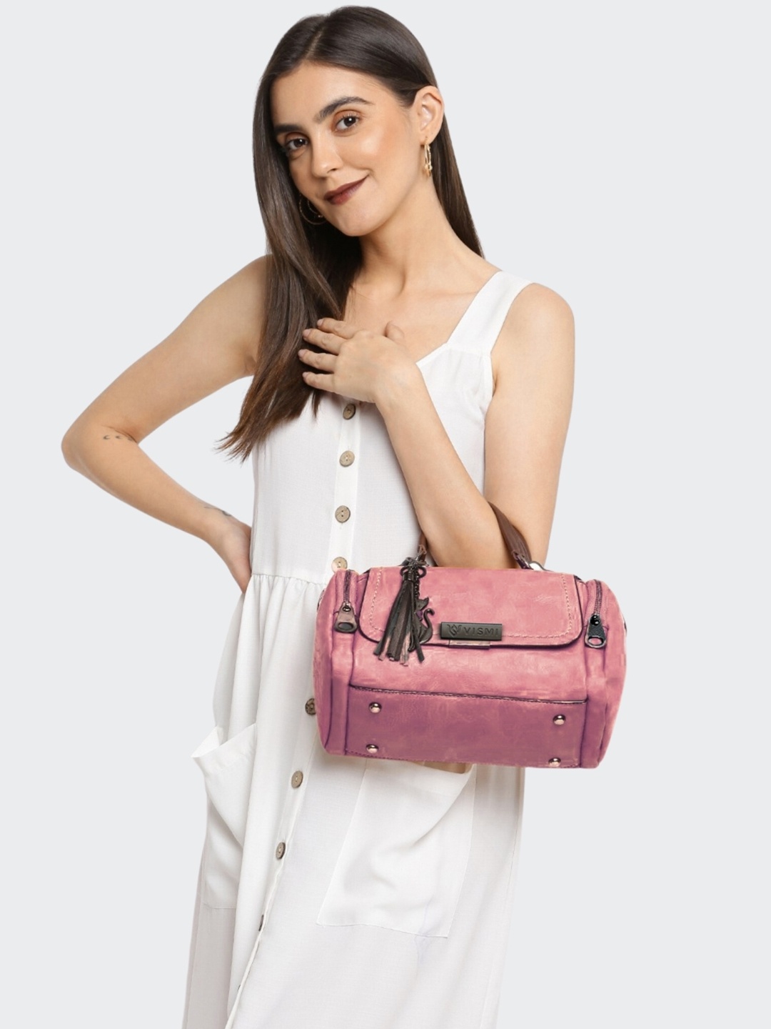 

VISMIINTREND Women Solid PU Leather Bowling Satchel Bag with Tassel, Pink