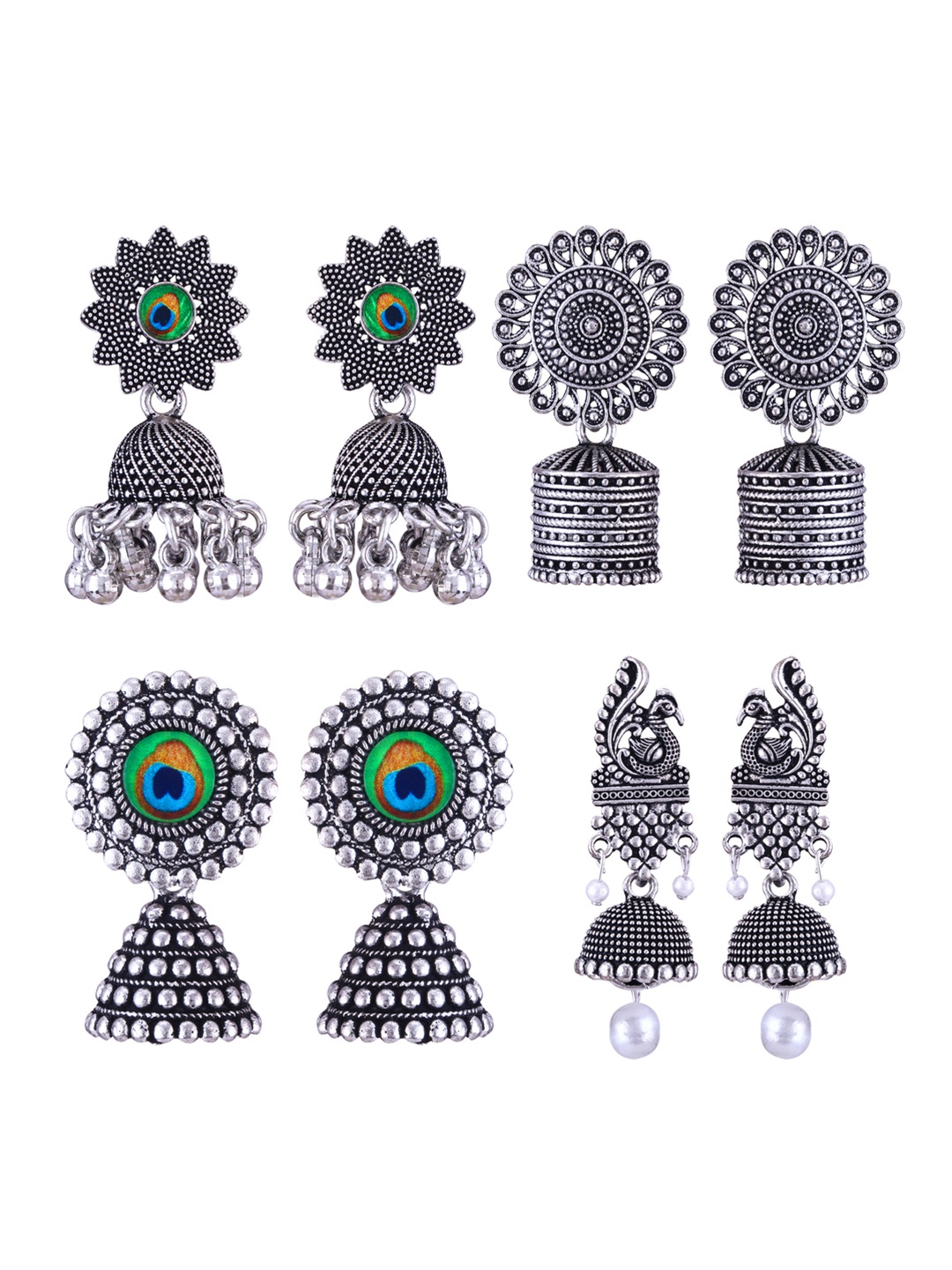 

DIVASTRI Set of 4 Silver Plated Dome Shaped Oxidised Jhumkas