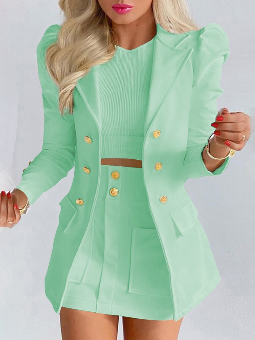 

KPOP Lapel Collar Blazer With Skirt, Green