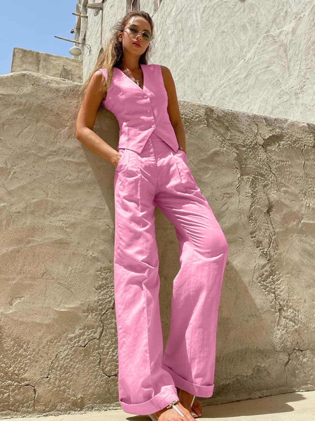 

KPOP V-Neck Pure Cotton Coat & Trousers, Pink