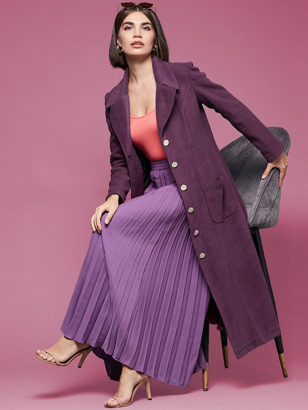 

DressBerry Women Lapel Collar Longline Tailored Jacket, Purple