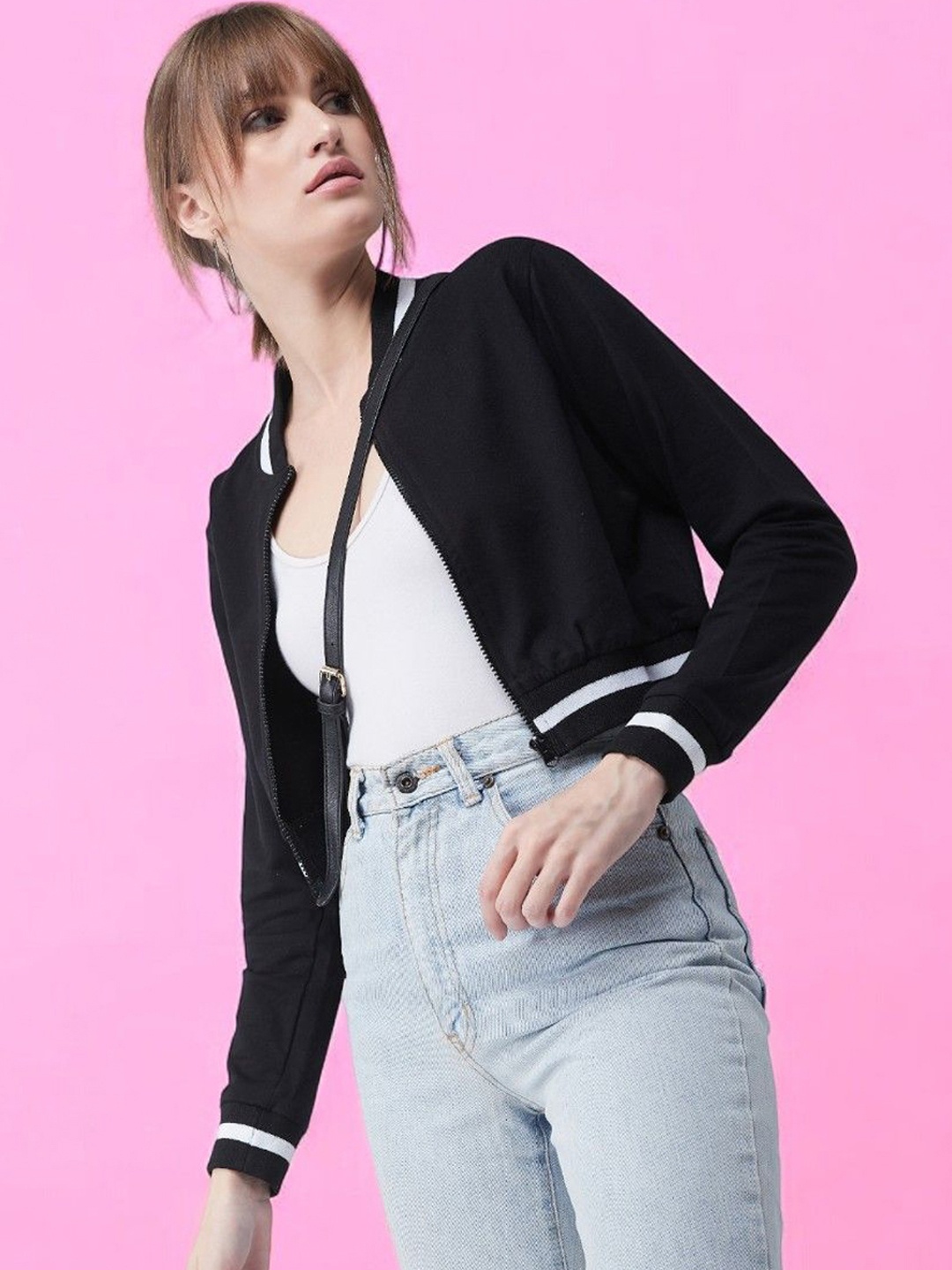 

DressBerry Women Stand Collar Bomber Cropped Jacket, Black