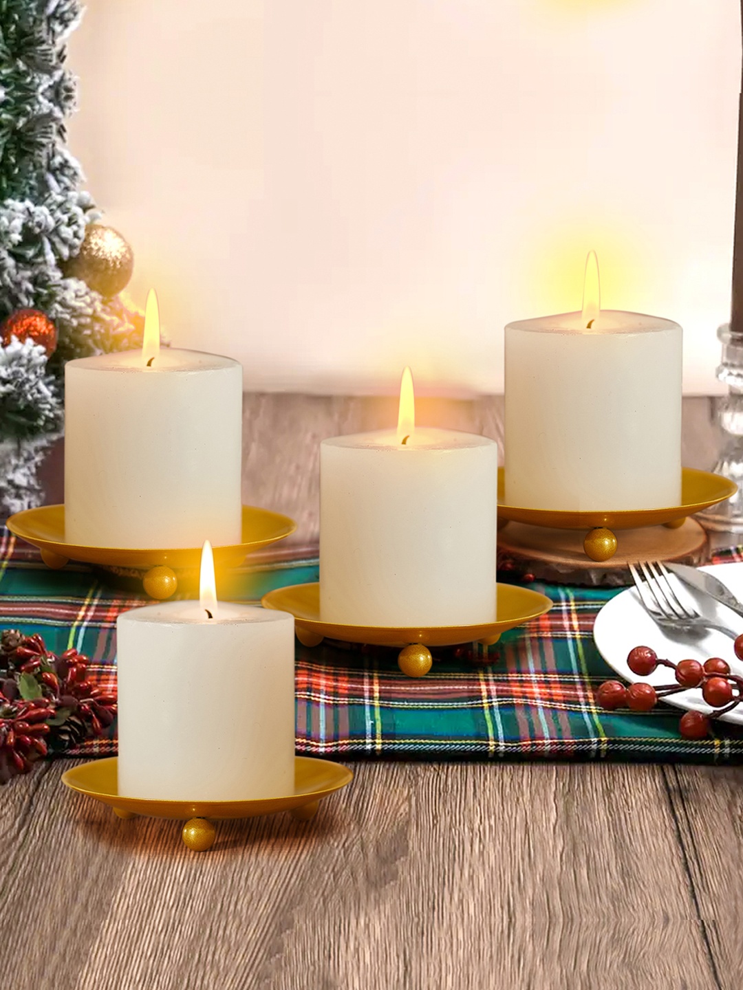 

TIED RIBBONS Gold-Toned 4 Pieces Candle Holder Plate Stand