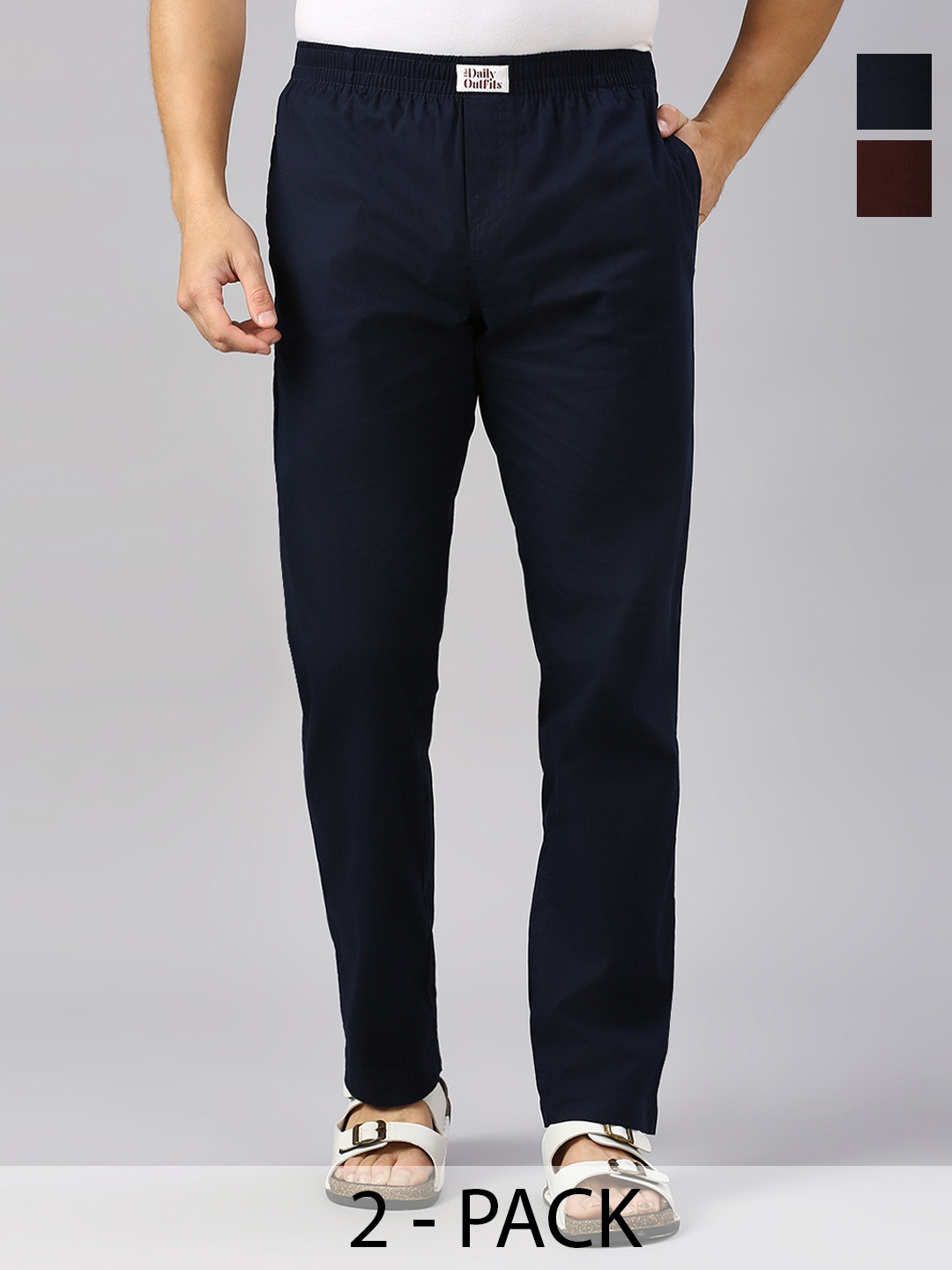 

THE DAILY OUTFITS Men Pack Of 2 Mid-Rise Pure Cotton Lounge Pants, Navy blue