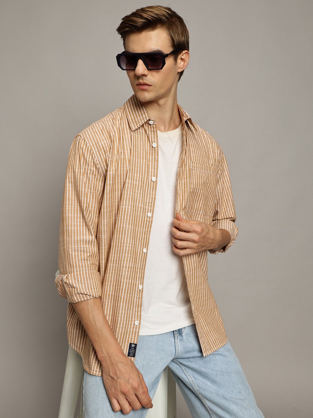 

The Roadster Lifestyle Co. Men Premium Vertical Striped Cotton Oversized Casual Shirt, Khaki