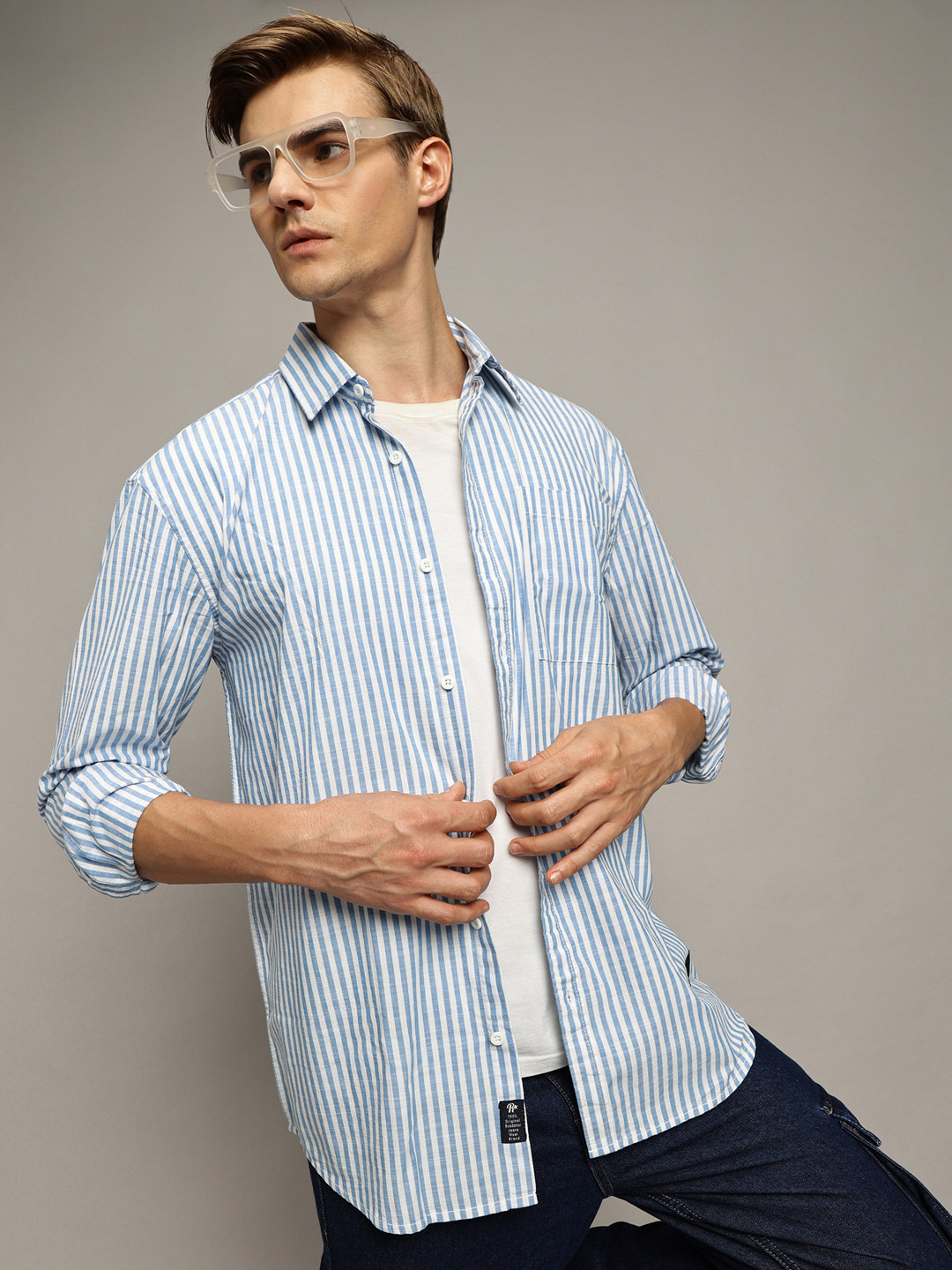 

The Roadster Lifestyle Co. Men Premium Vertical Striped Cotton Oversized Casual Shirt, Blue