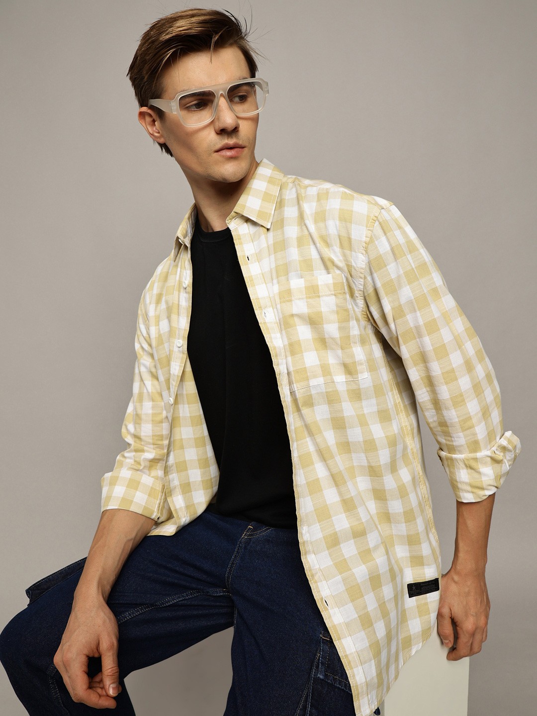 

The Roadster Lifestyle Co. Men Premium Vertical Striped Cotton Oversized Casual Shirt, Beige