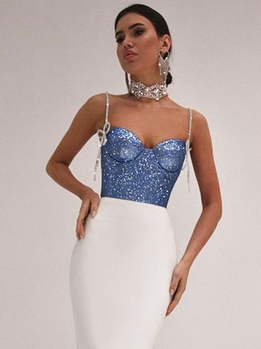 

KPOP Women Embellished Shoulder Straps Bardot Top, Blue