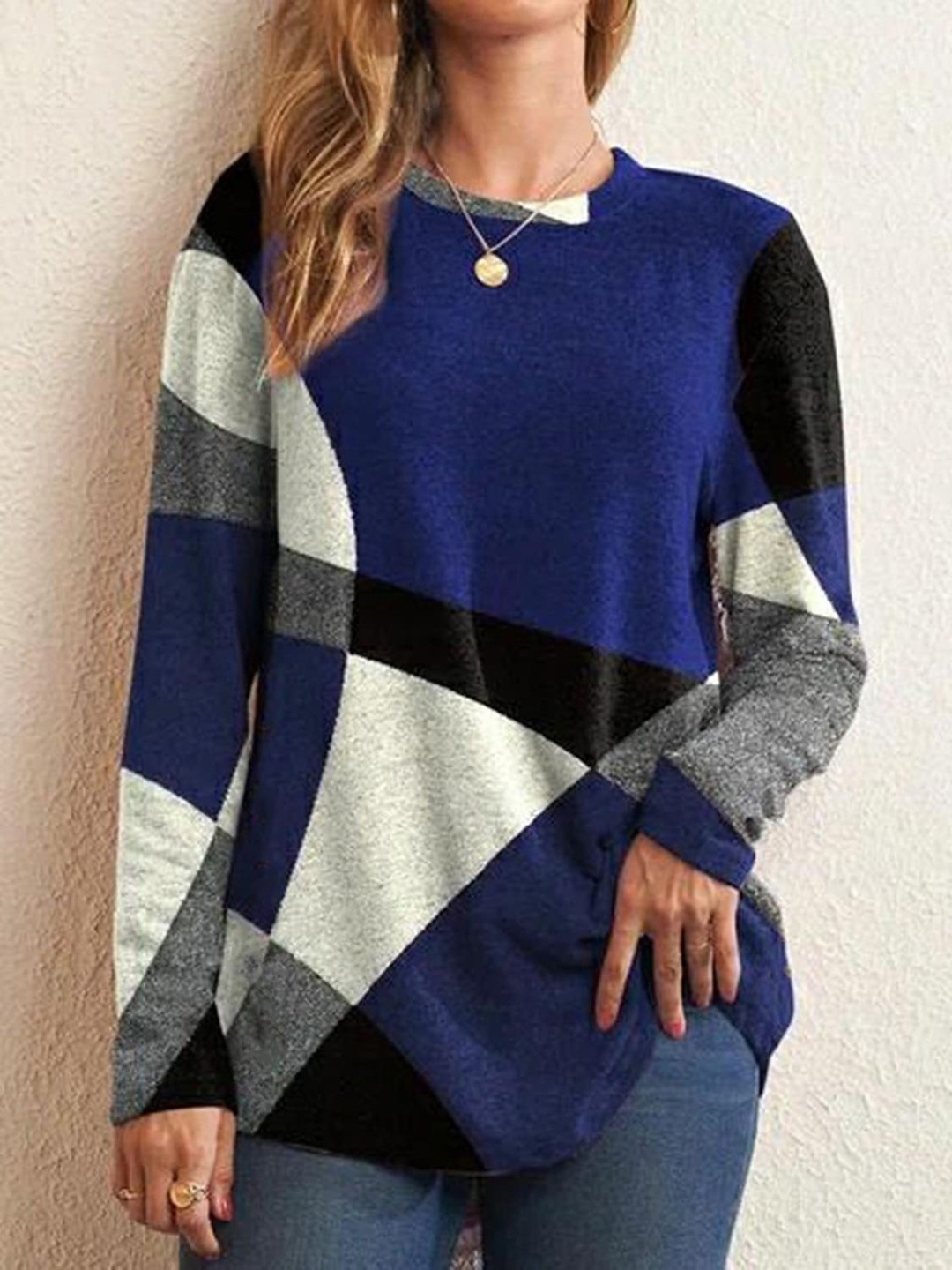KPOP Women Colourblocked Round Neck Top, Blue