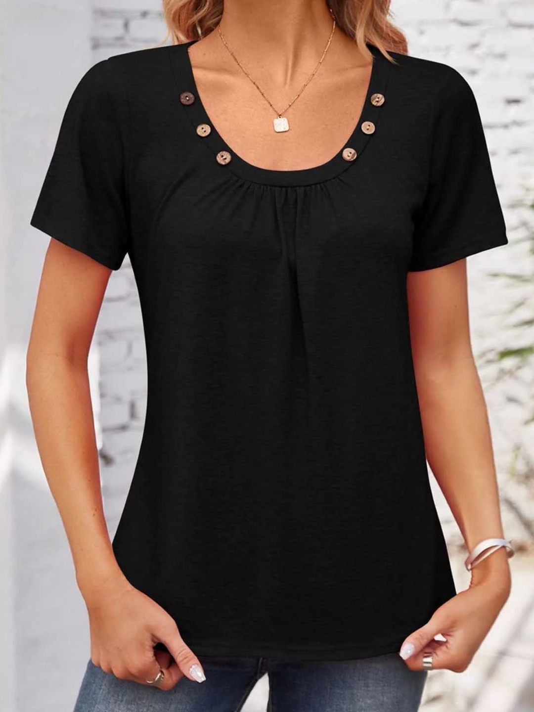 

KPOP Women Round Neck Short Sleeves Top, Black