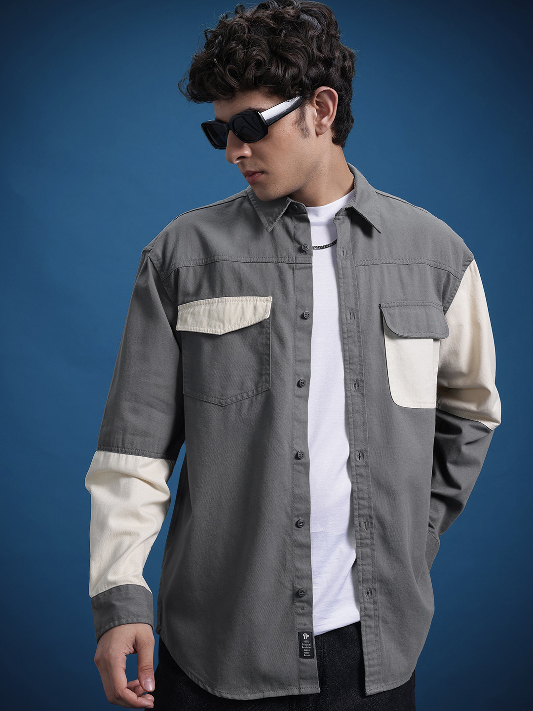 

The Roadster Life Co. Pure Cotton Colourblocked Relaxed Fit Shirt, Grey