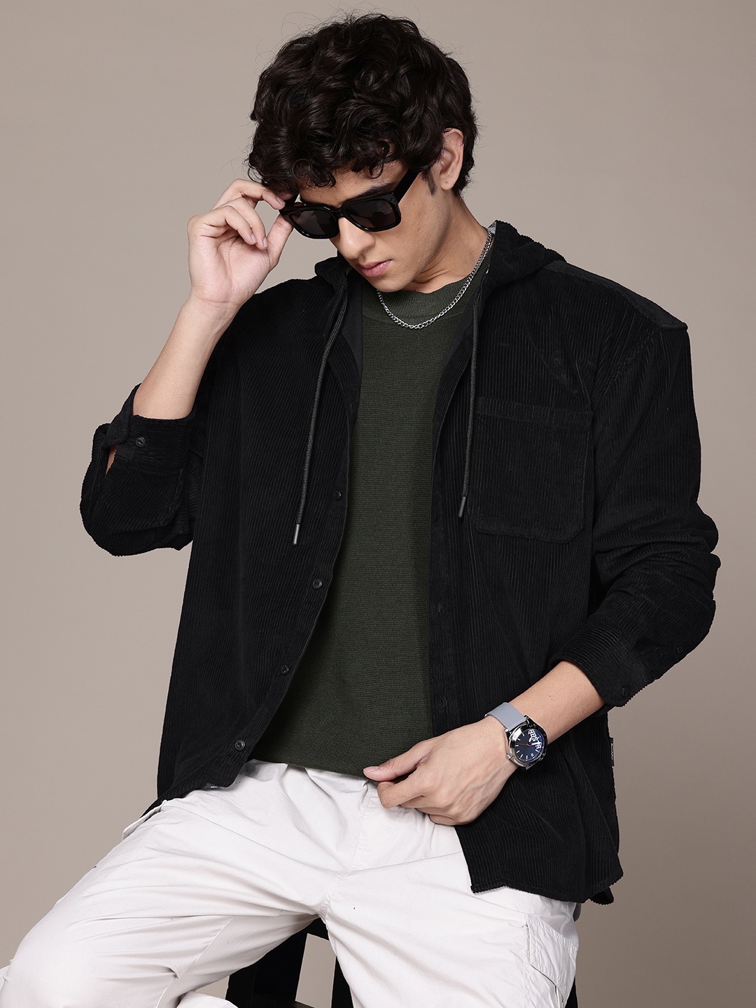 

The Roadster Lifestyle Co. Corduroy Relaxed Pure Cotton Shacket, Black