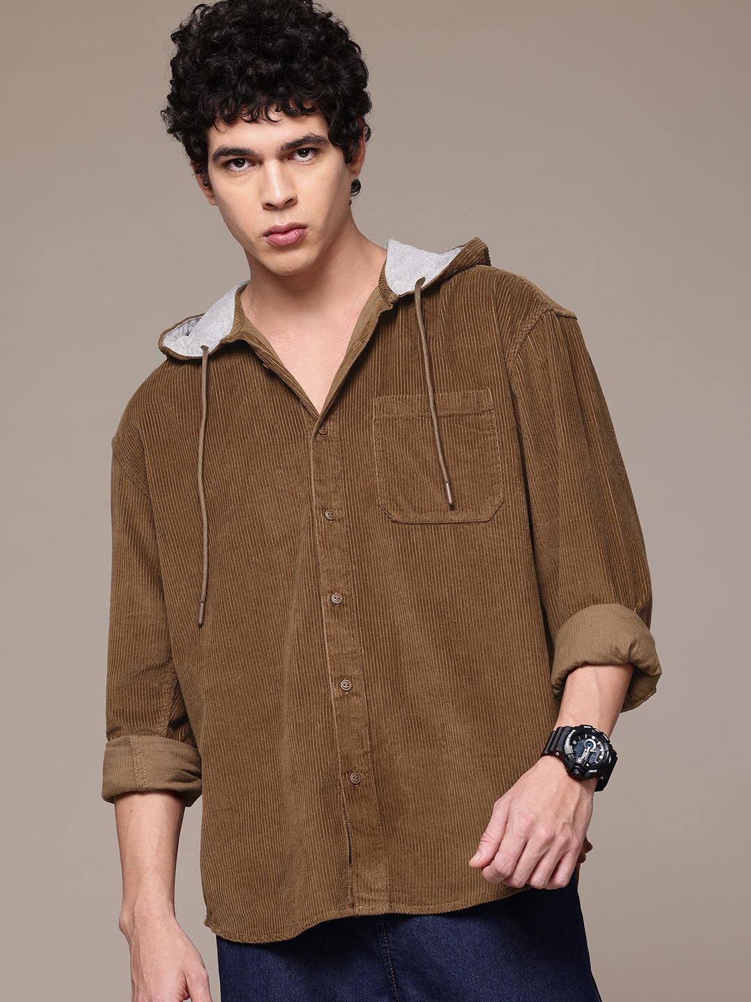

The Roadster Lifestyle Co. Pure Cotton Hooded Corduroy Relaxed Shirt, Brown