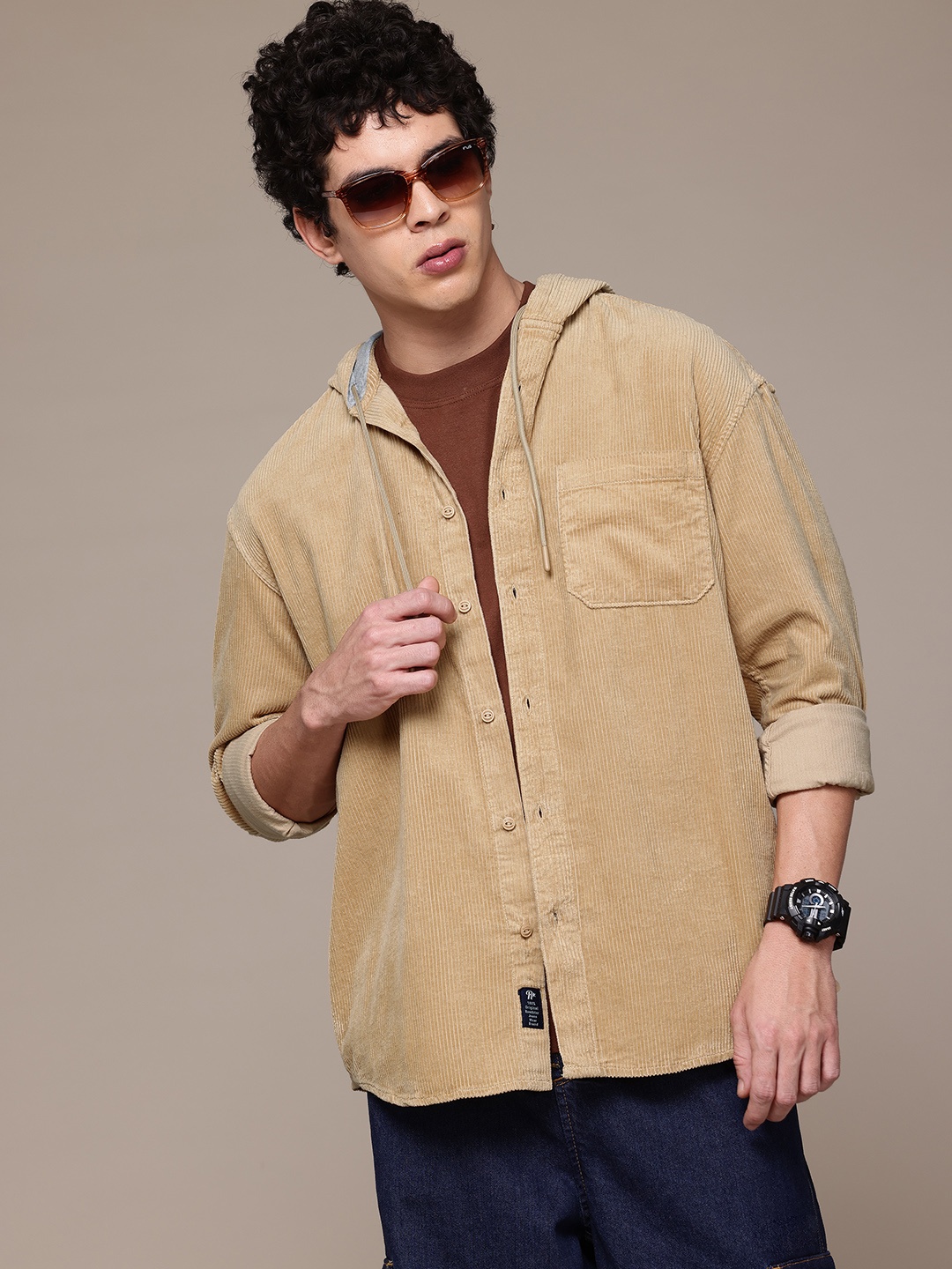 

The Roadster Lifestyle Co. Pure Cotton Hooded Corduroy Relaxed Shirt, Khaki