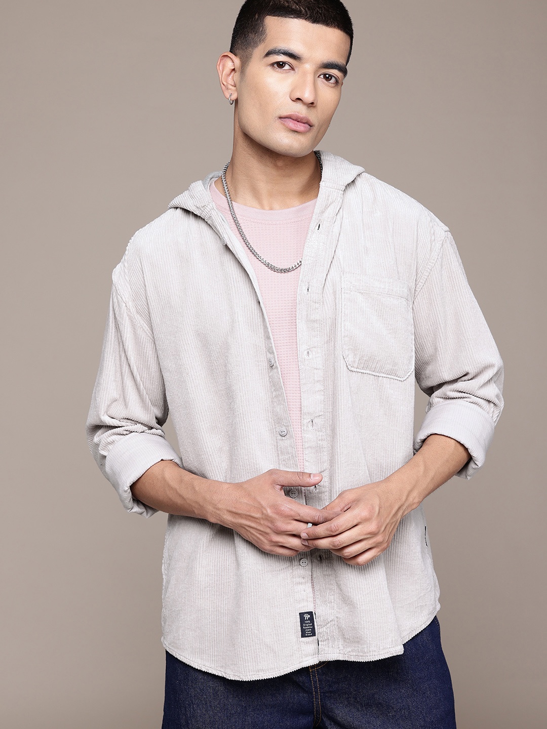 

The Roadster Lifestyle Co. Men Pure Cotton Relaxed Fit Hooded Corduroy Shacket, Grey