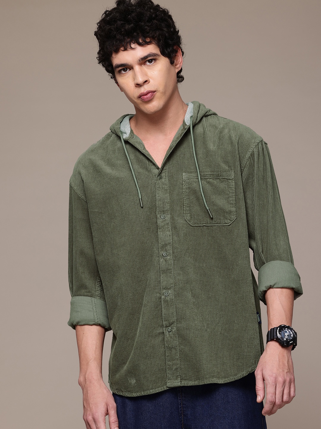 

The Roadster Lifestyle Co. Pure Cotton Hooded Corduroy Relaxed Shacket, Green