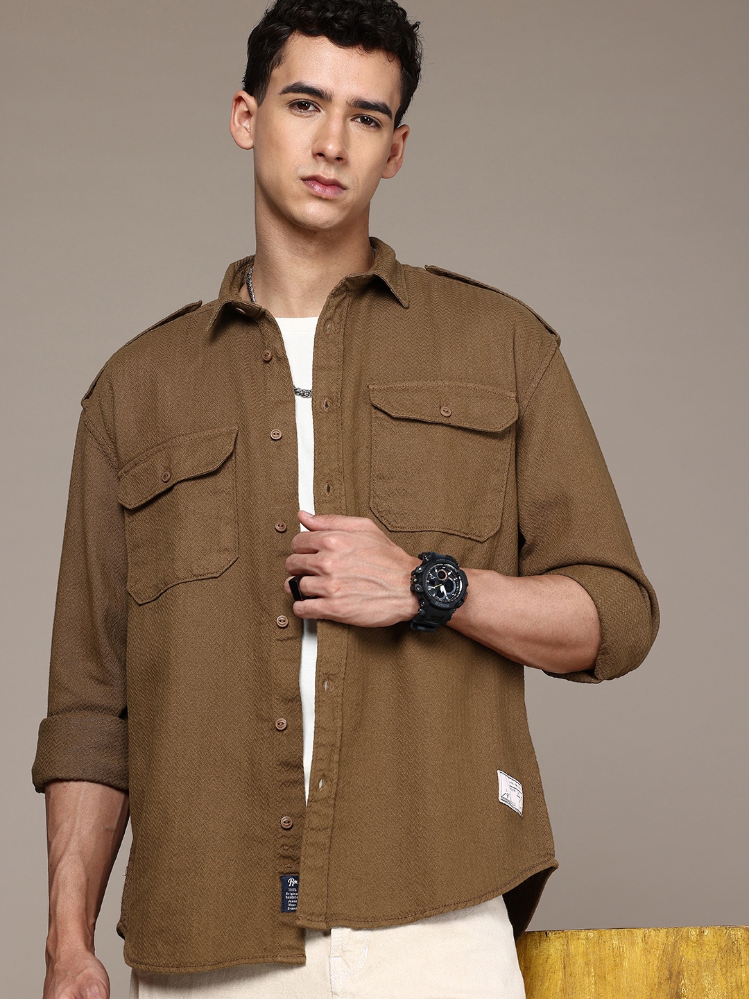 

The Roadster Life Co. Self Designed Pure Cotton Relaxed Fit Casual Shirt, Brown