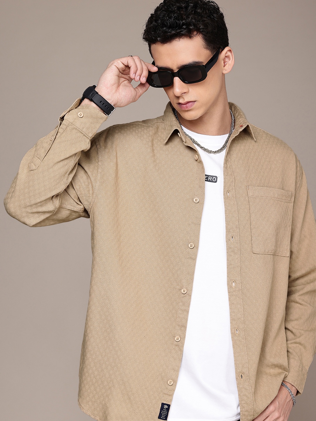 

The Roadster Life Co. Pure Cotton Self Design Textured Relaxed Fit Casual Shirt, Brown