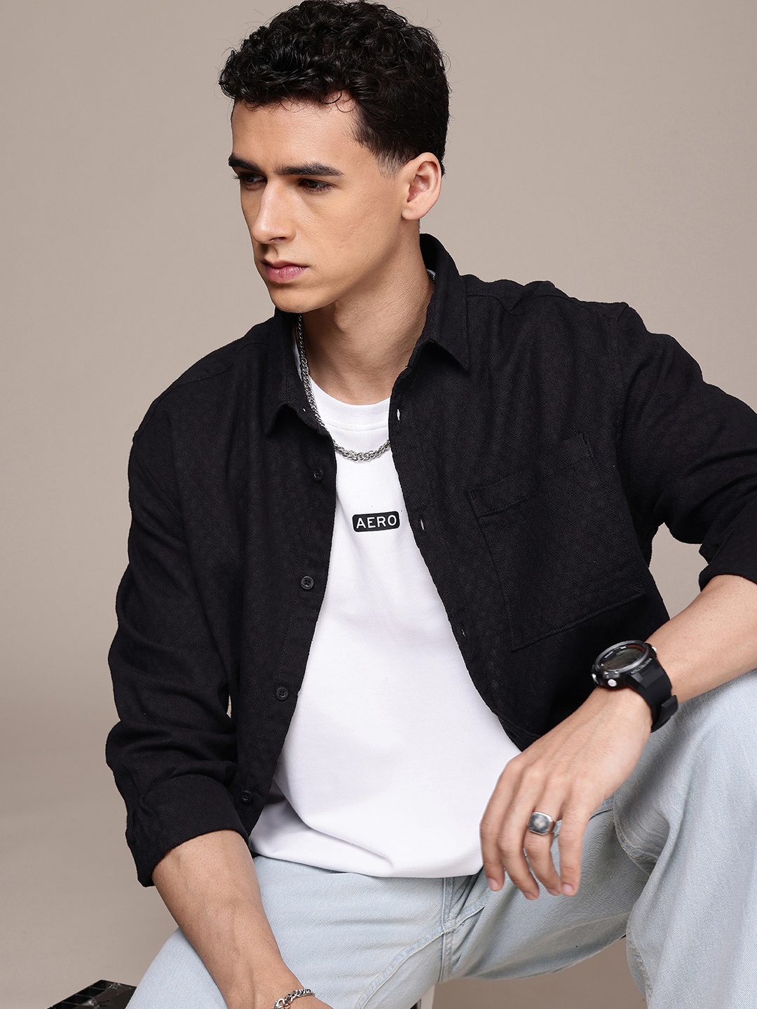 

The Roadster Life Co. Pure Cotton Self Design Textured Relaxed Fit Casual Shirt, Black