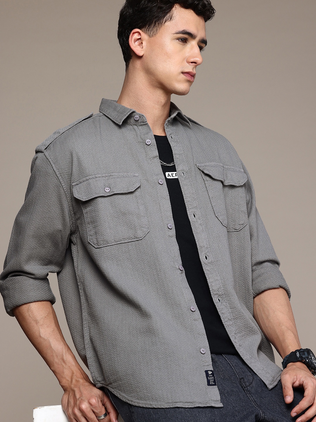 

The Roadster Life Co. Self Designed Pure Cotton Relaxed Fit Casual Shirt, Grey