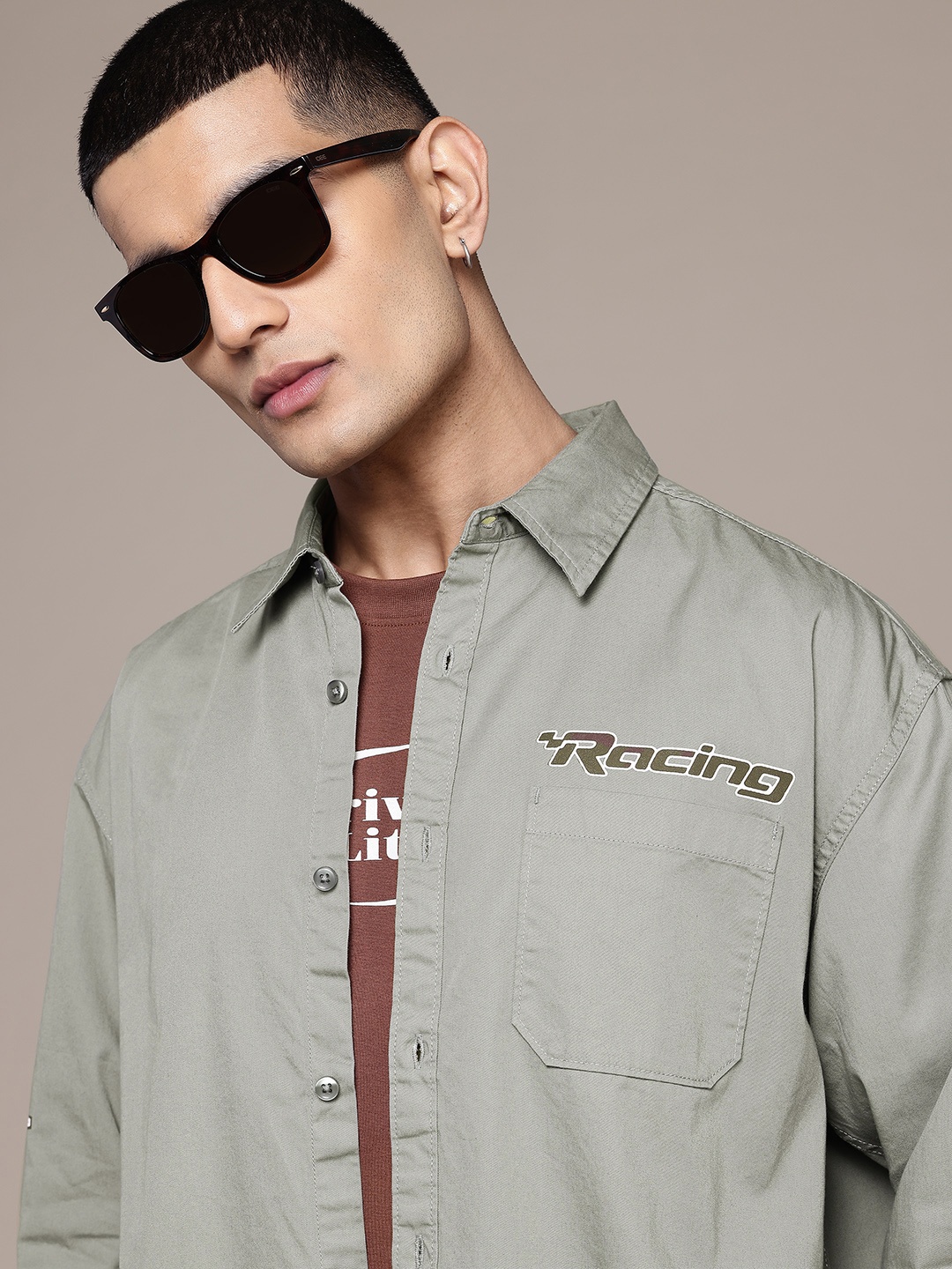 

The Roadster Lifestyle Co. Typography Printed Pure Cotton Relaxed Fit Casual Shirt, Green