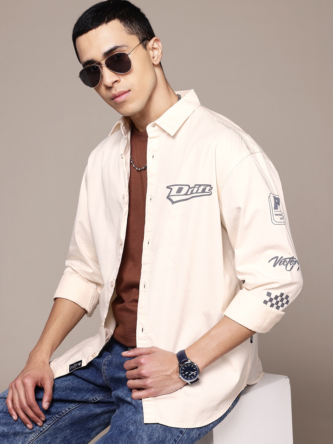 

The Roadster Lifestyle Co. Typography Printed Pure Cotton Relaxed Fit Casual Shirt, Cream