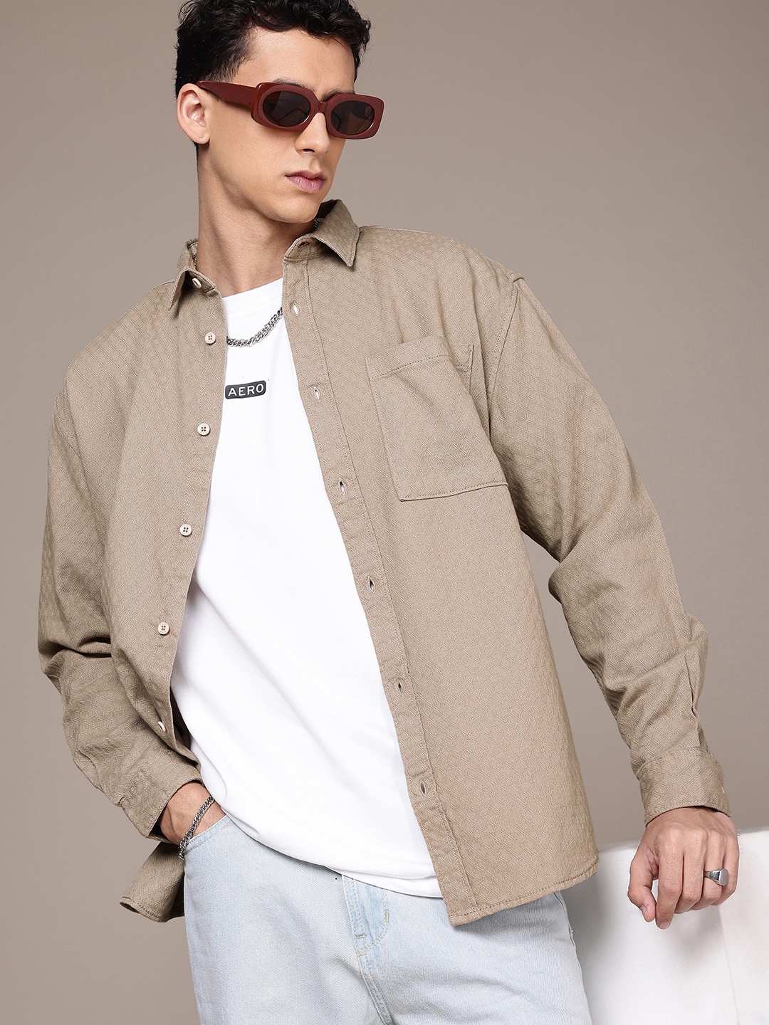 

The Roadster Life Co. Pure Cotton Self Design Textured Relaxed Fit Casual Shirt, Beige