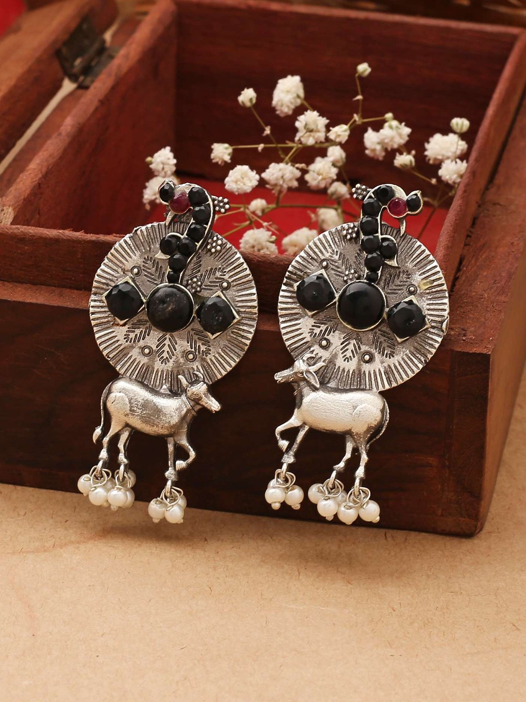 

Mirraw Silver-Plated Contemporary Antique Drop Earrings, Black
