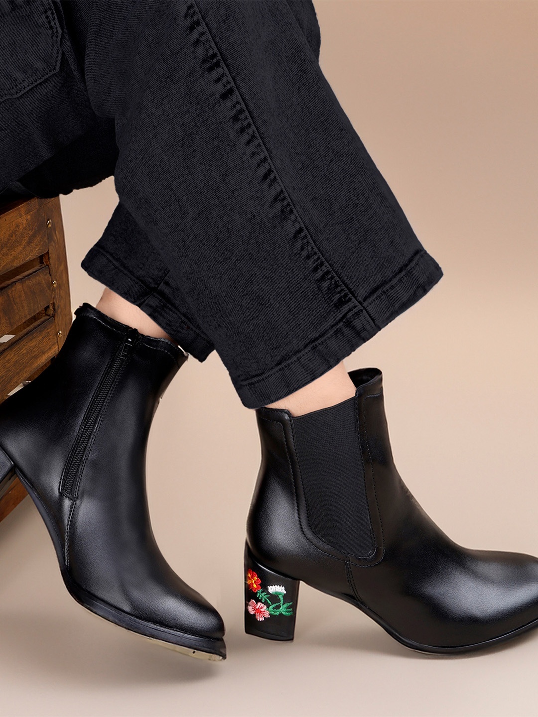 

Bxxy Women Embroidered Heels Buckle and Zipper High Ankle Formal Boots, Black