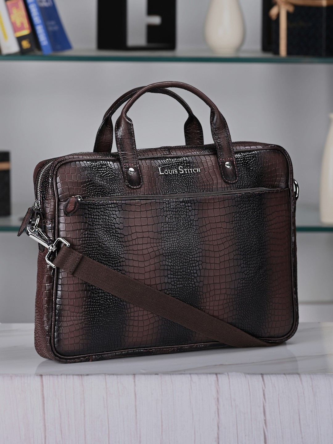 

LOUIS STITCH Men Textured Leather Dual Tone Laptop Bag, Brown
